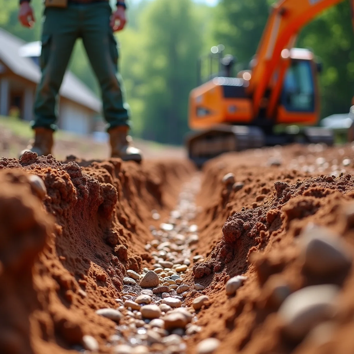Close-up of deep trench washed out of red clay soil by high-speed roof runoff