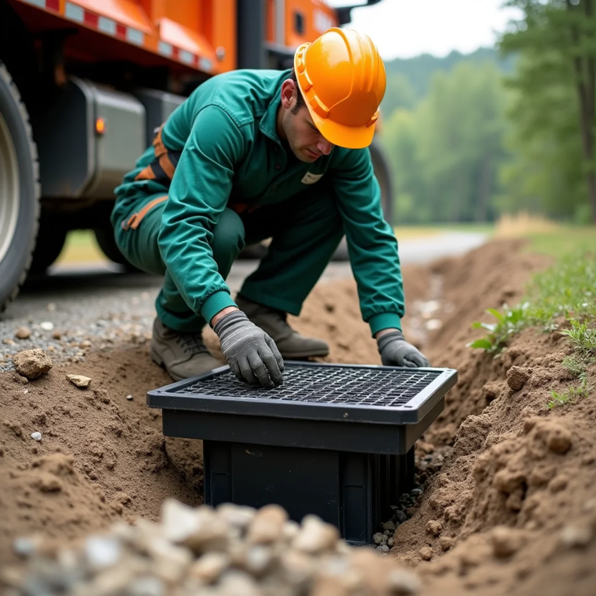 Heavy-duty catch basin with grate installed flush with ground to capture downspout flow