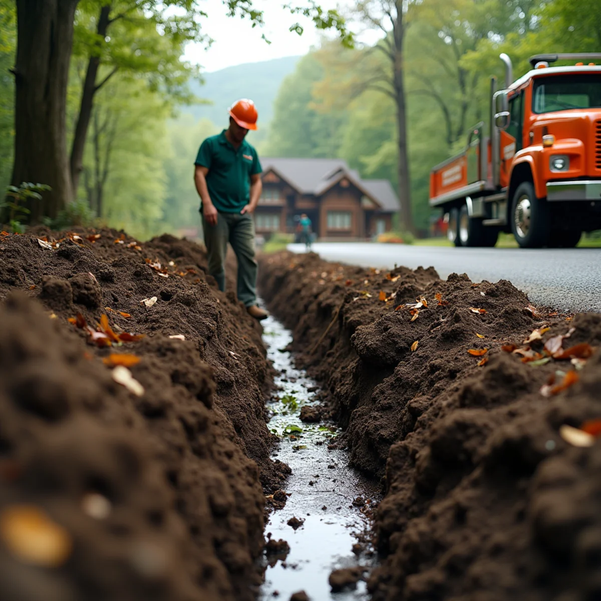 Soil erosion gully carved under a residential downspout on a steep mountain yard in NC