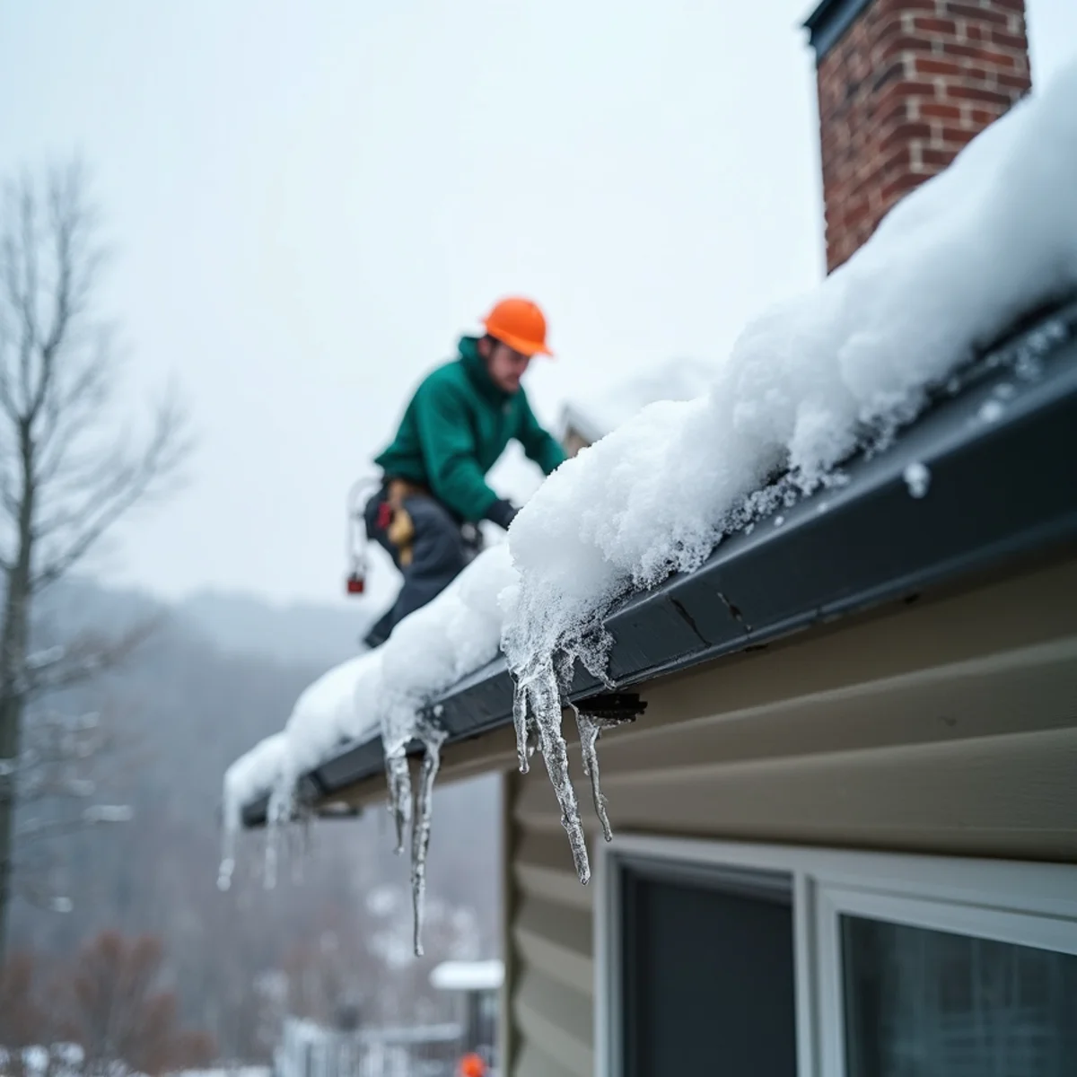Gutter pulled away from fascia by heavy roof snow slide on a mountain home in NC