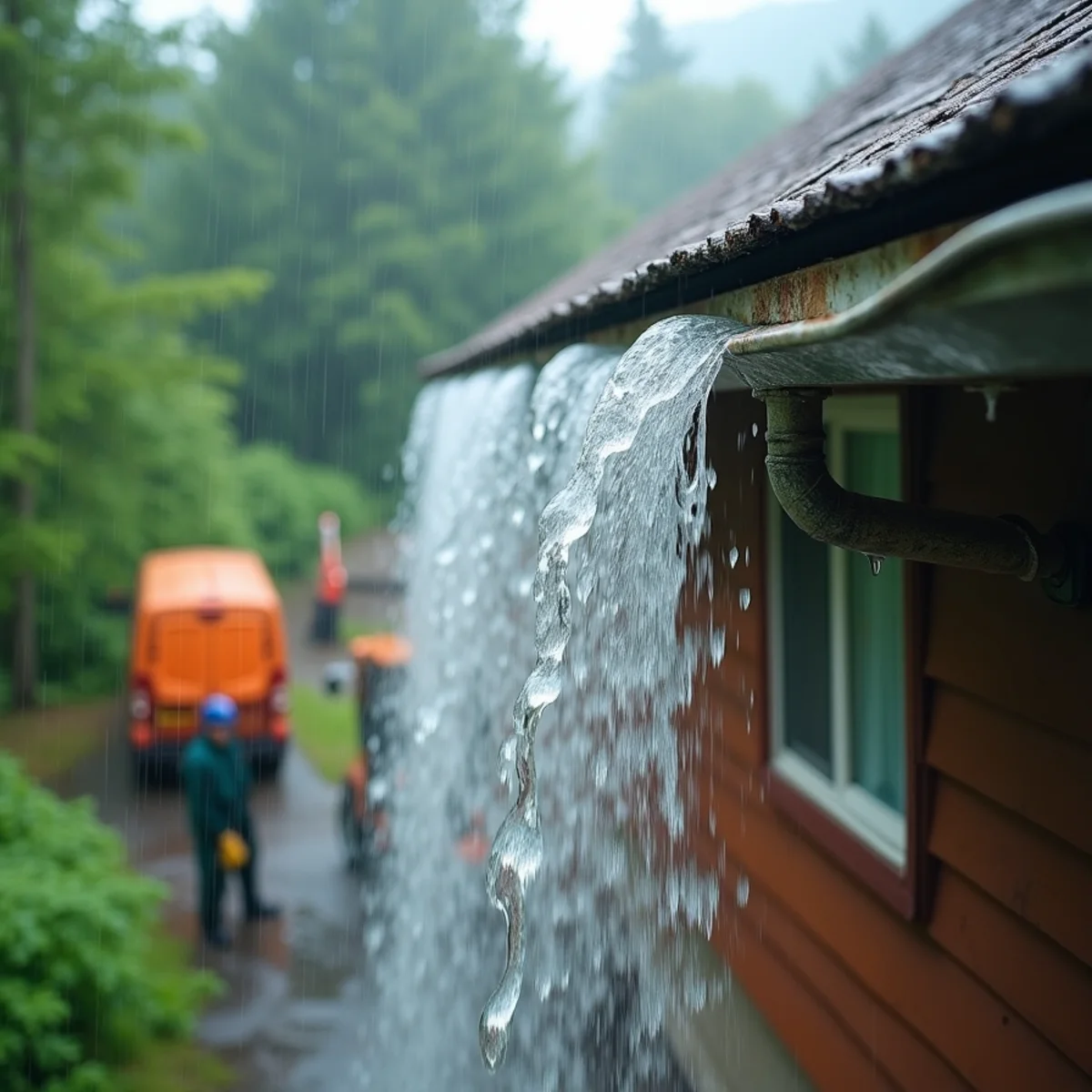 Water sheeting over the front lip of an undersized 5-inch gutter during deluge
