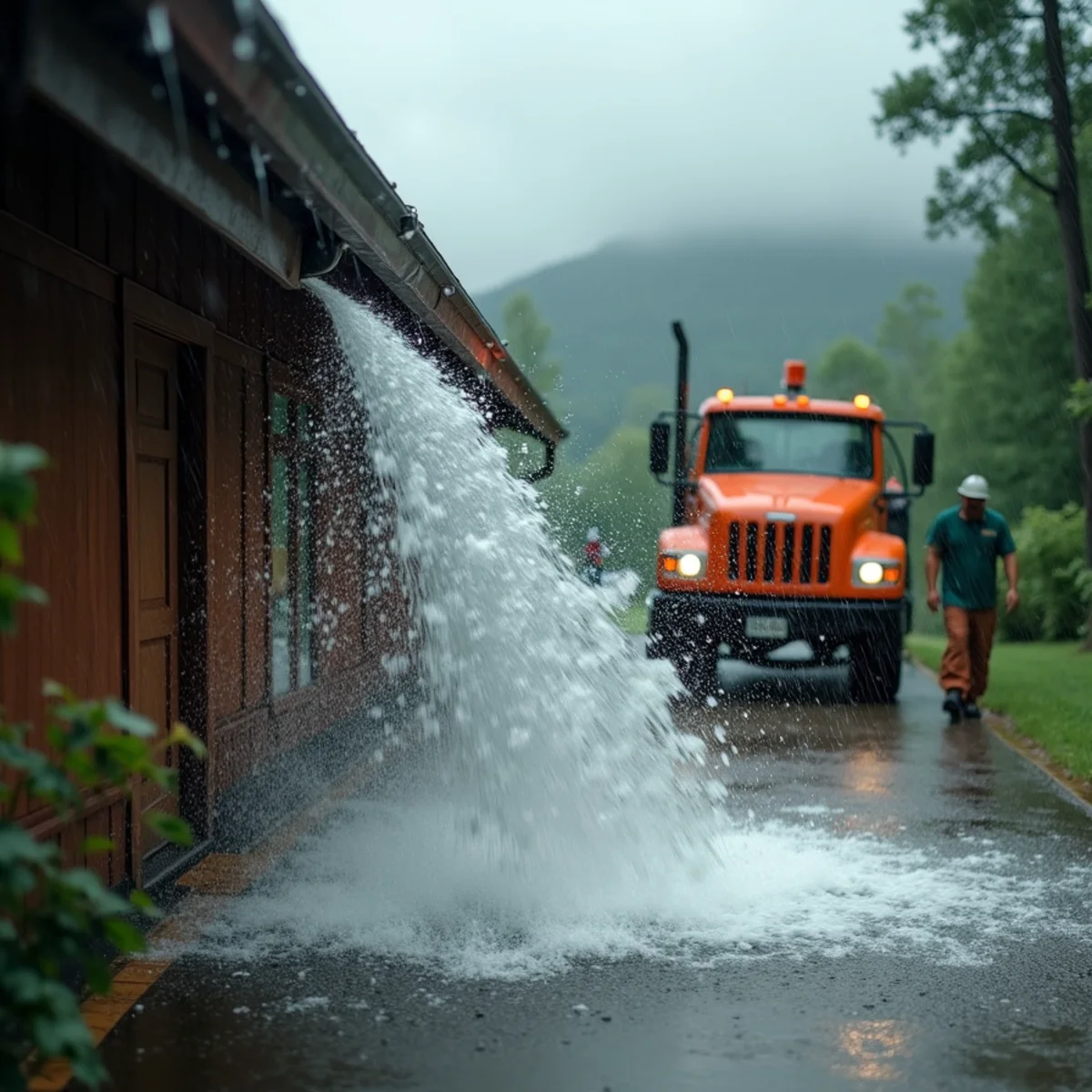 Gutters overflowing like a waterfall during a sudden mountain downpour in NC