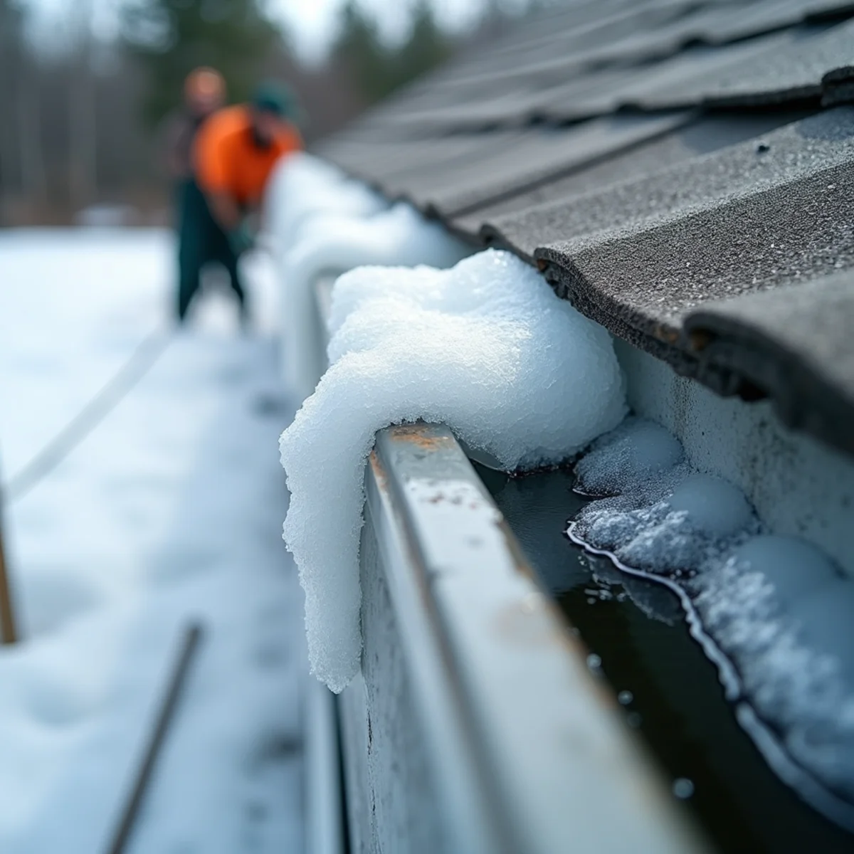 Thick ice dam ridge trapping a pool of liquid snowmelt water on the lower roof edge