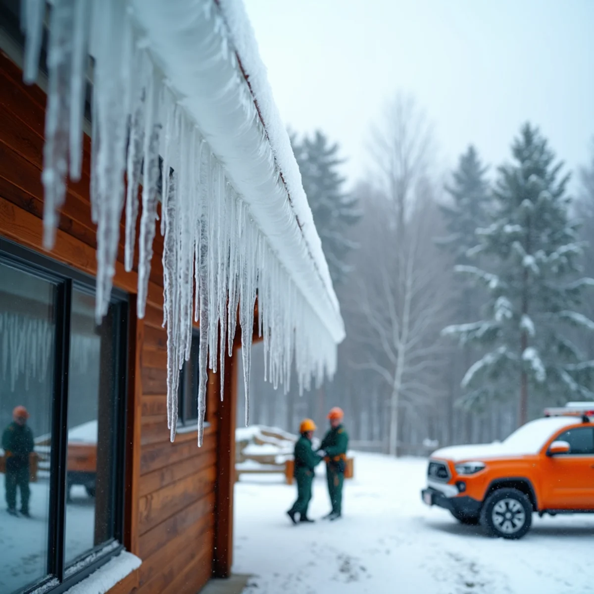 Severe ice dam formation along the eave of a High Country mountain chalet in winter