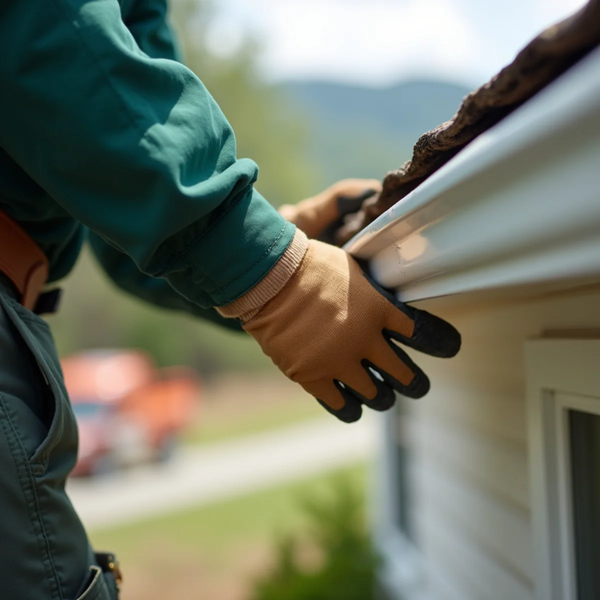 Technician inspecting water stains and wood softness behind storm-loosened gutter