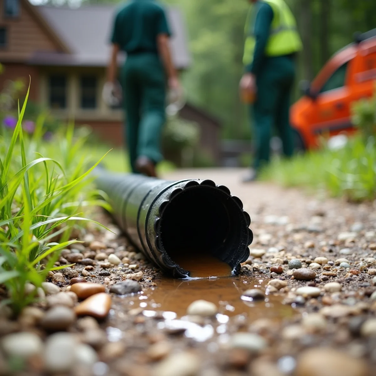 Crushed and cracked black corrugated surface extension leaking water onto walkway