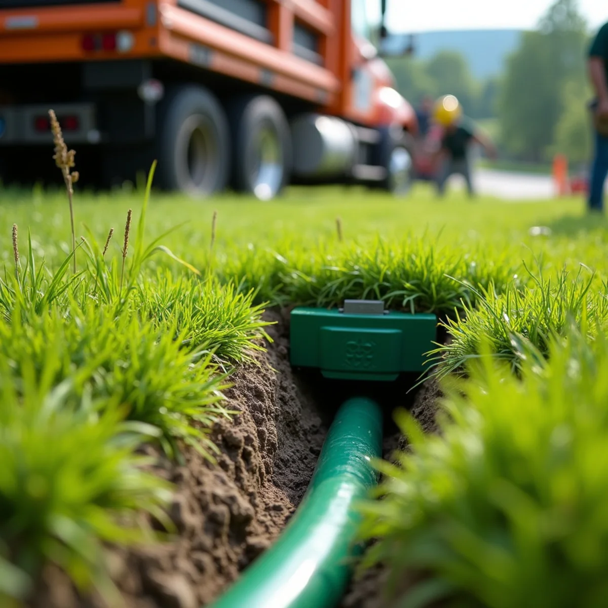 Invisible underground PVC drainage line discharging cleanly through green lawn emitter