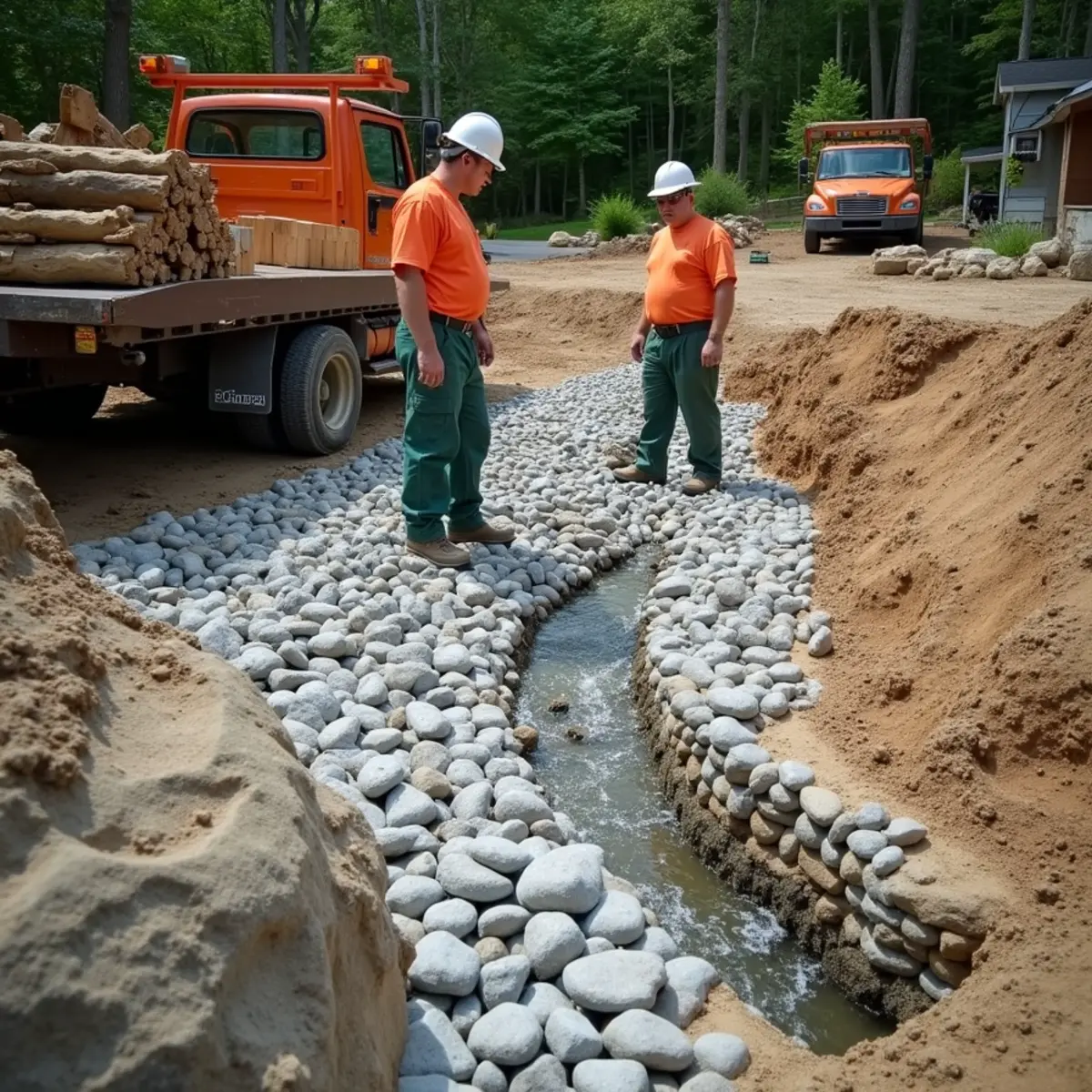 Layered mountain river rocks and granite stones arranged at drainage pipe outlet