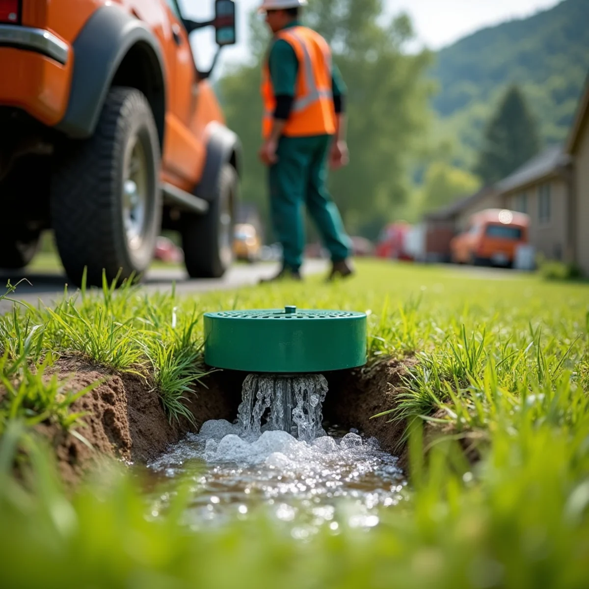 Green lawn pop-up emitter releasing clean stormwater harmlessly over downslope turf