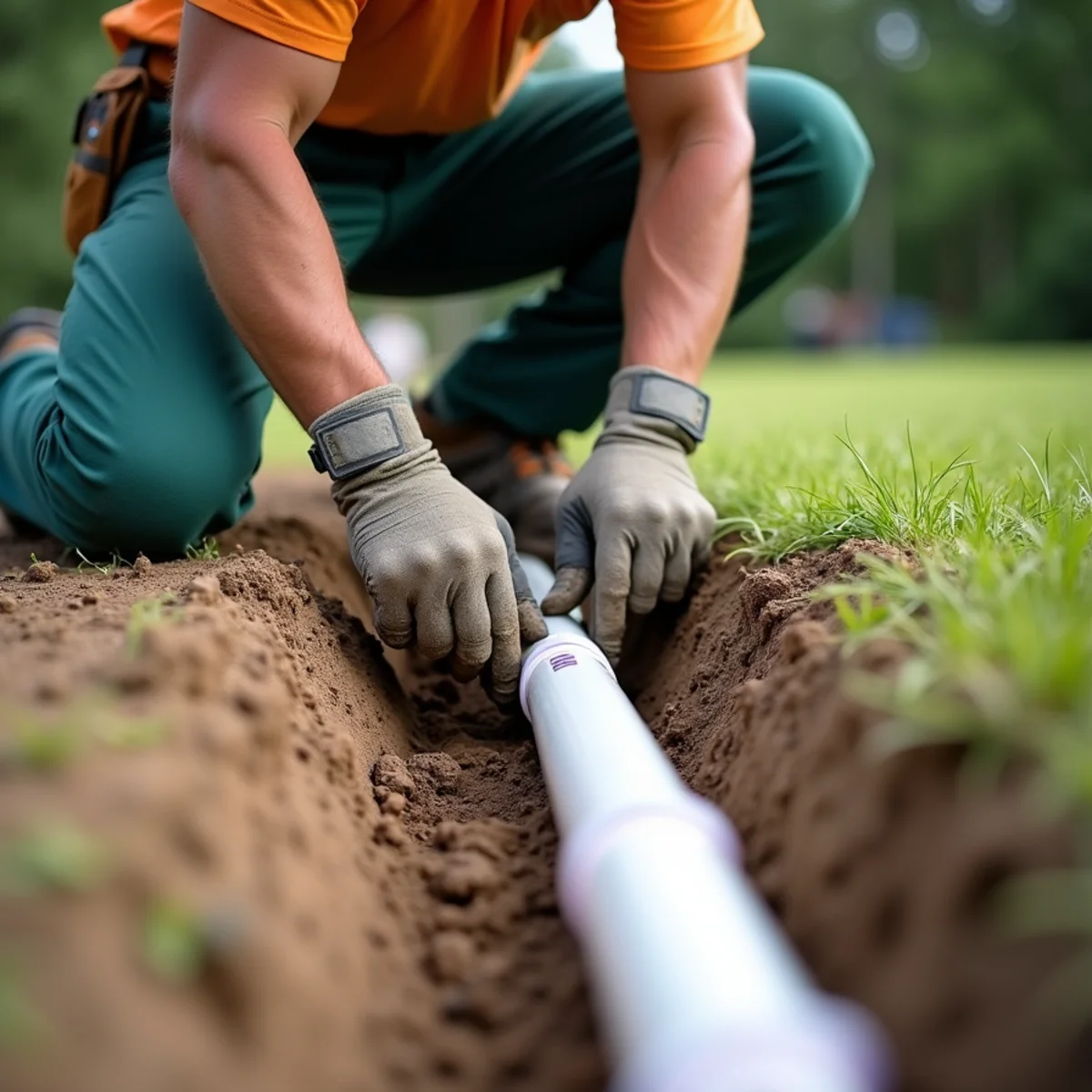 Connecting solid rigid PVC drainage pipe in trench with glued watertight fittings