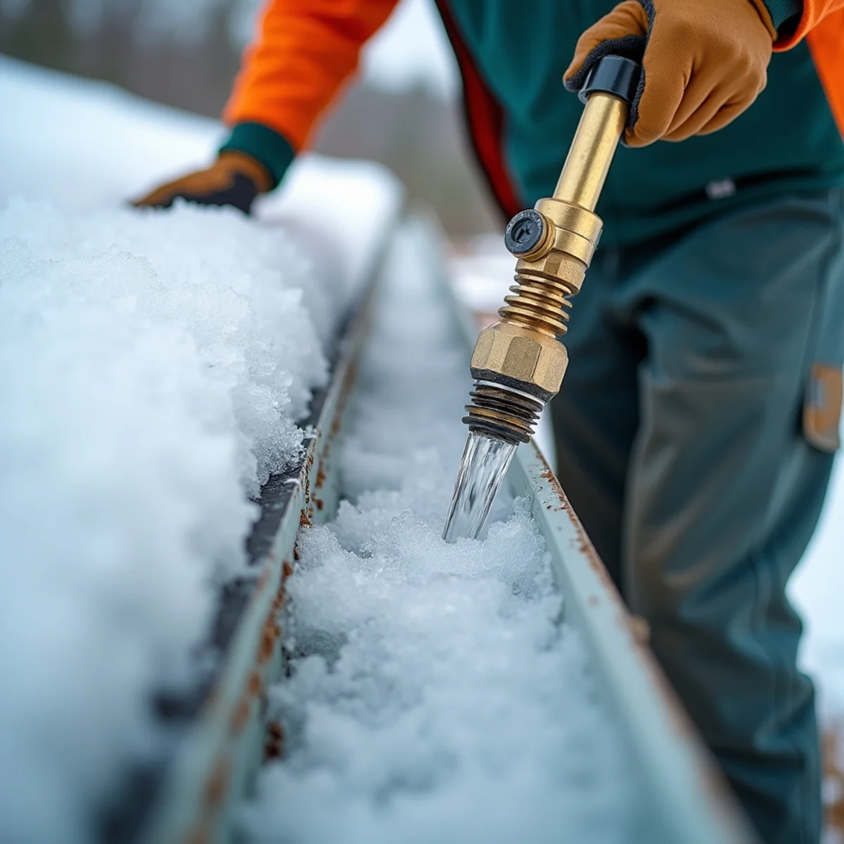 Steam wand nozzle carving clean melt channel through solid 6-inch eave ice shelf