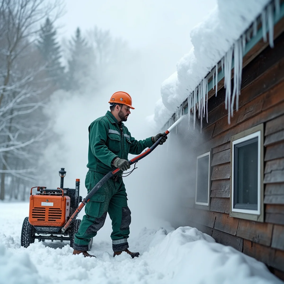 Safe low-pressure steam ice dam removal on eave of mountain chalet in Elk Park, NC