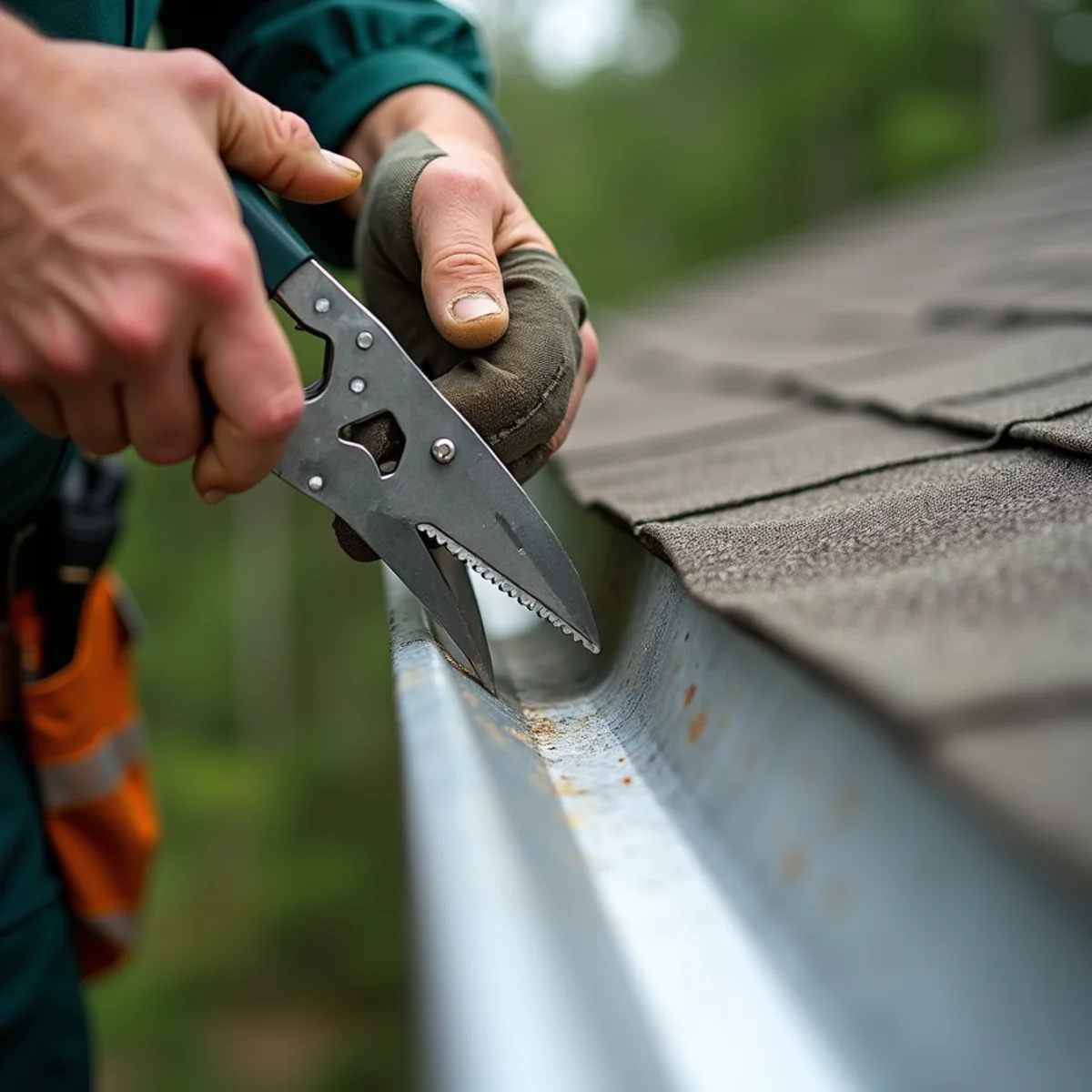Technician uncoupling crushed aluminum gutter section to splice in new continuous trough
