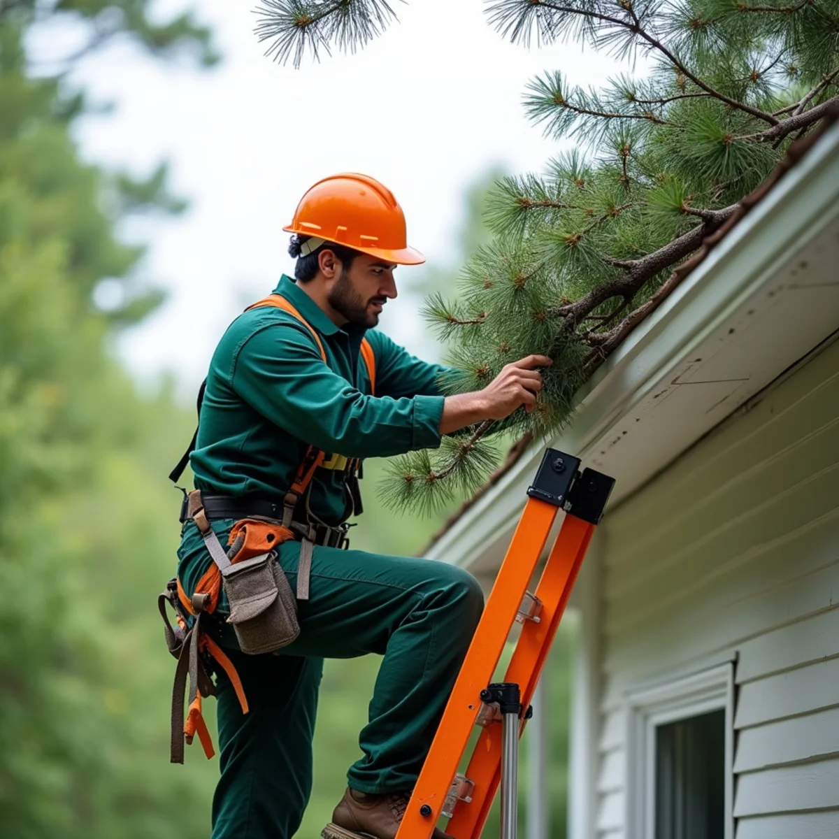 Technician cutting and removing fallen tree branch resting across gutter line