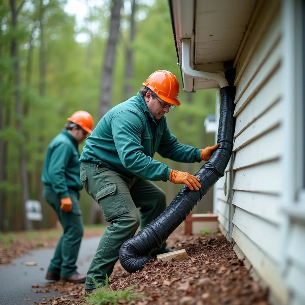 Heavy-duty emergency diversion tarp and temporary downspout protecting siding