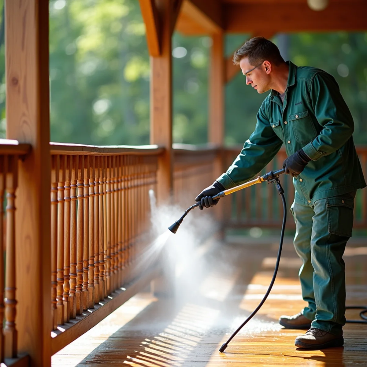 Detail washing of timber balusters and railings on covered mountain porch