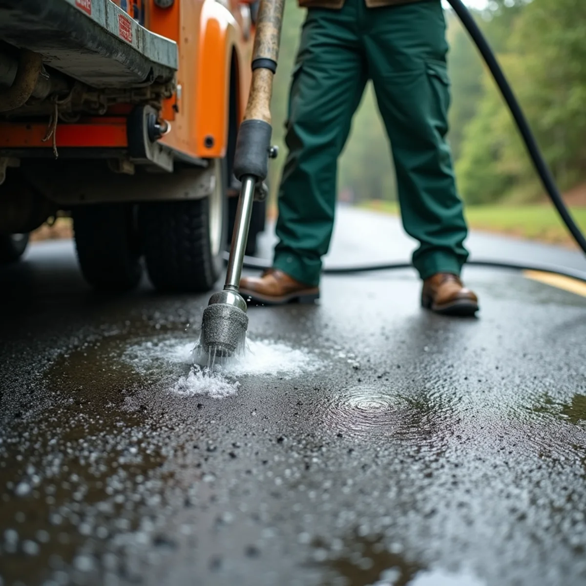 Surface cleaner washing dark asphalt pavement to clear slippery mountain moss