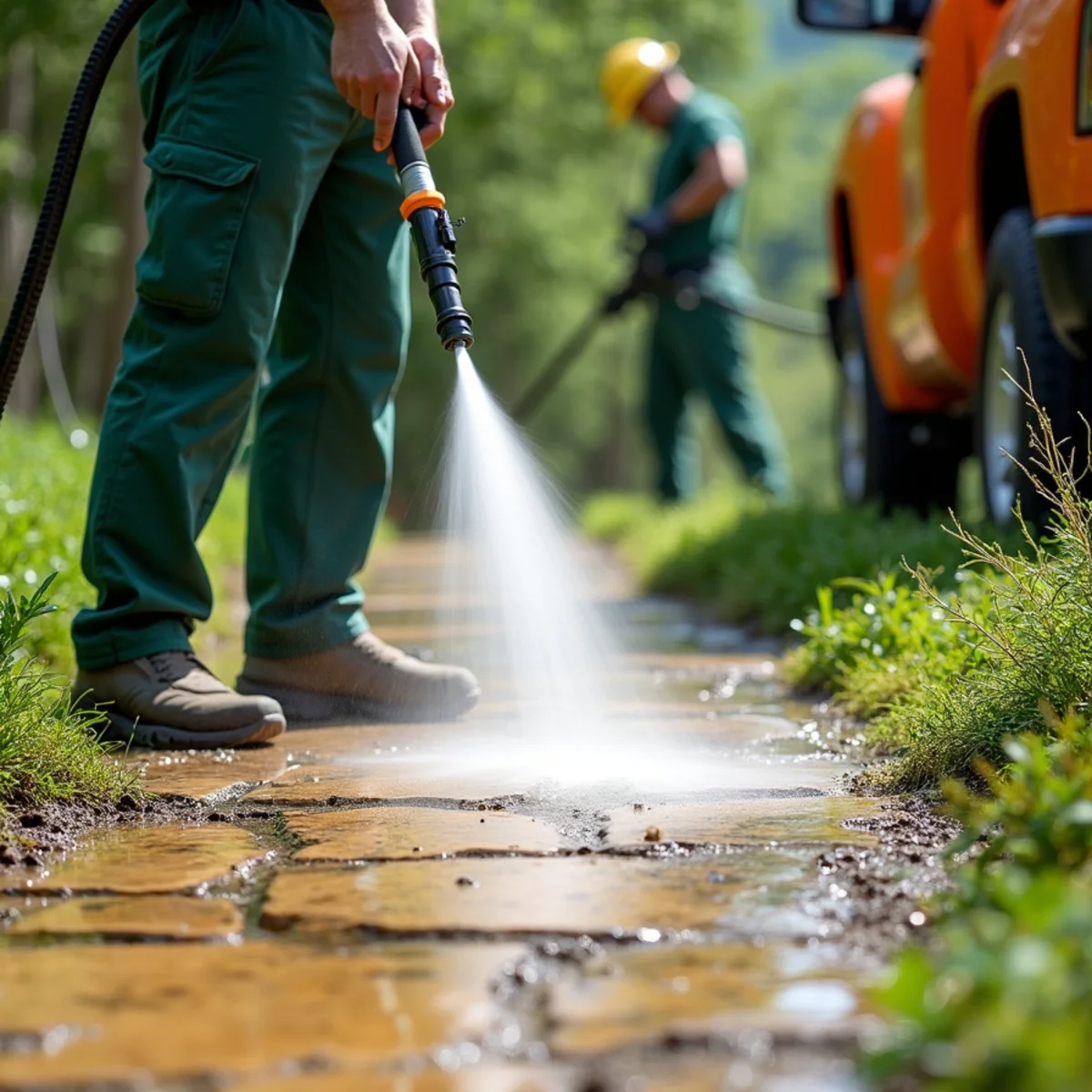 Fan-spray pressure wand blasting slippery moss off native flagstone pathway