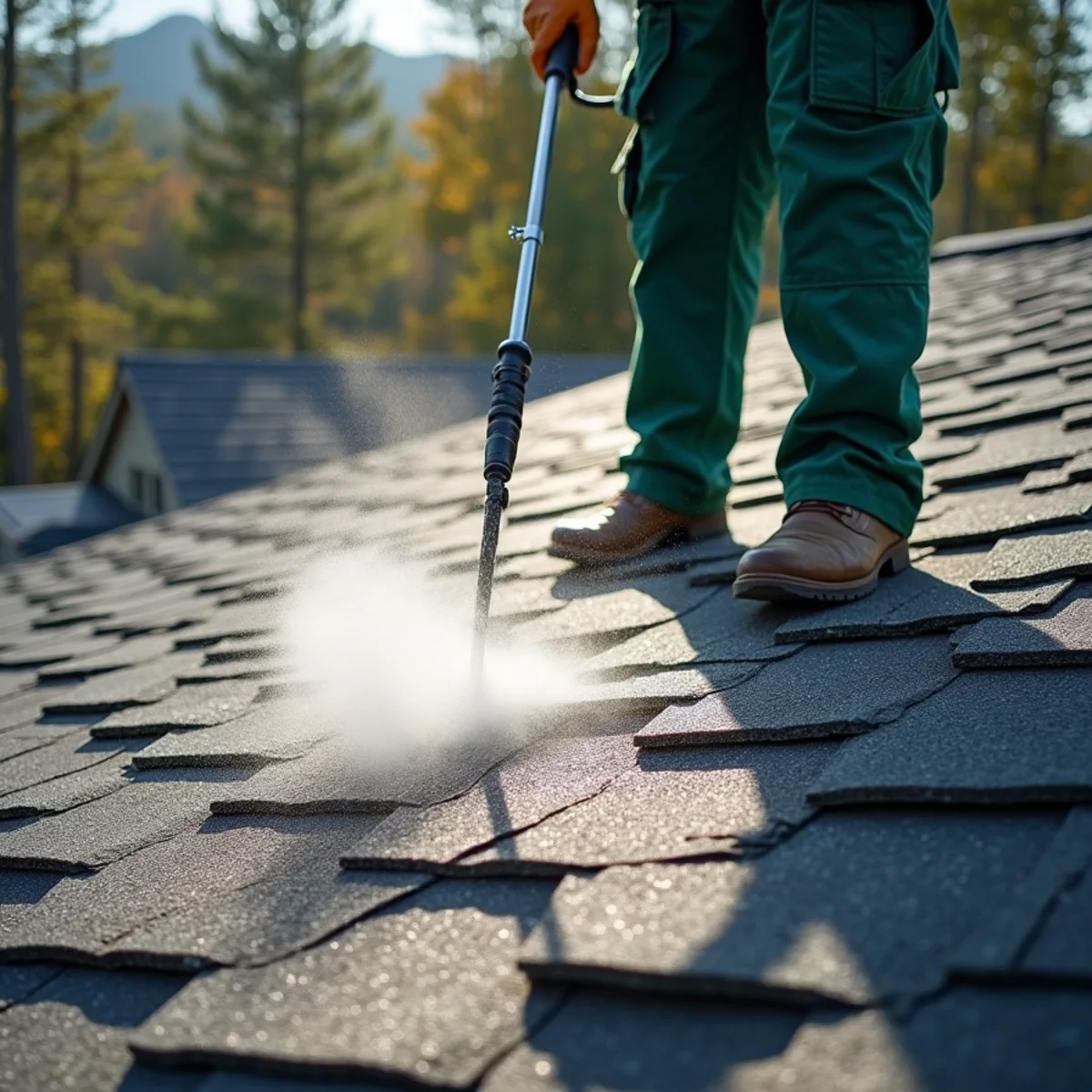 Low-pressure chemical treatment neutralizing black algae on architectural shingles