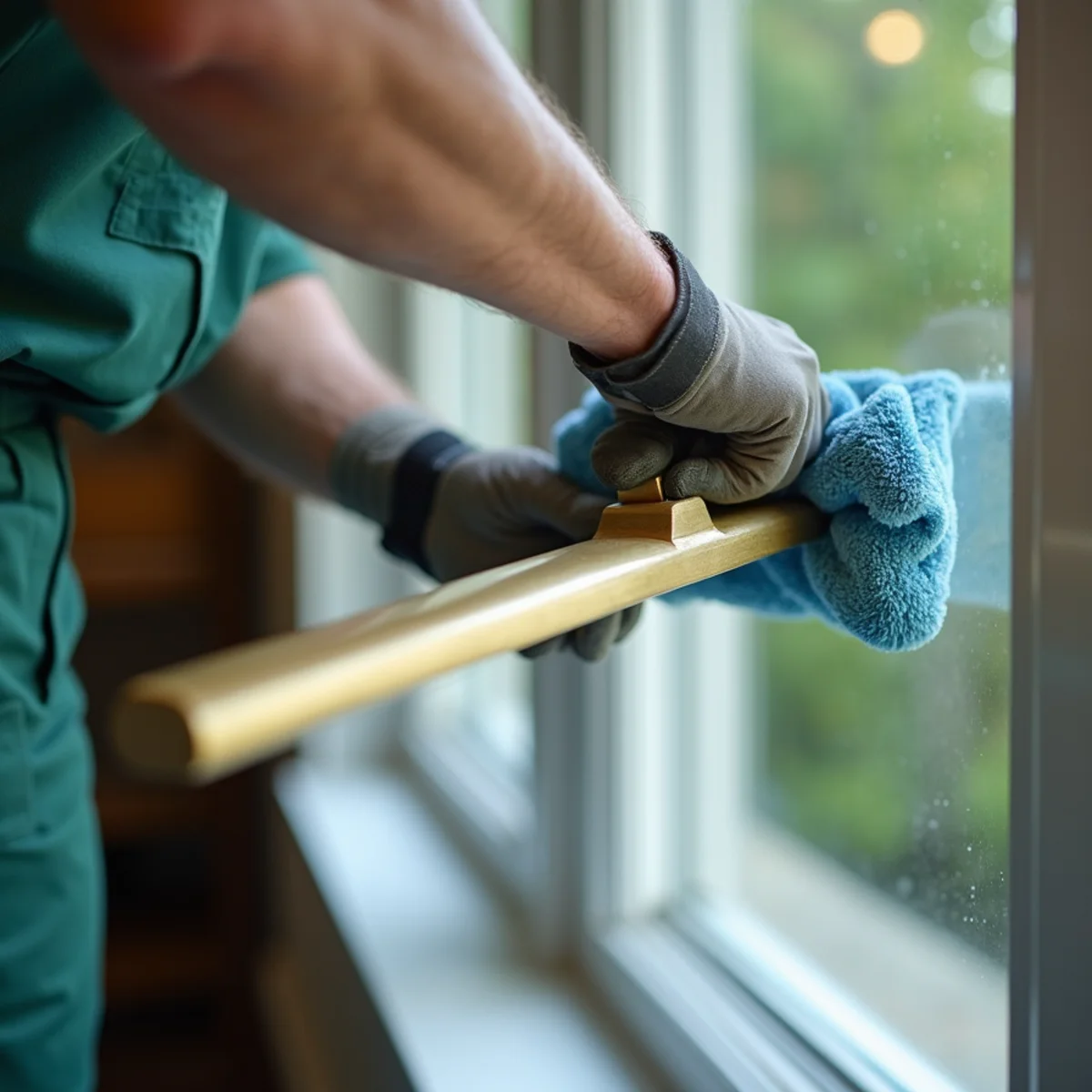 Technician hand-squeegeeing ground-level window frame with micro-fiber cloth