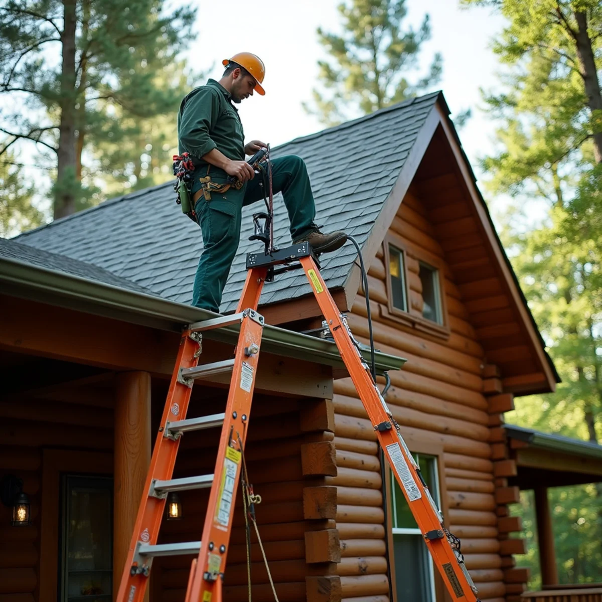 Technician safely accessing high-elevation eave on a complex mountain rental property