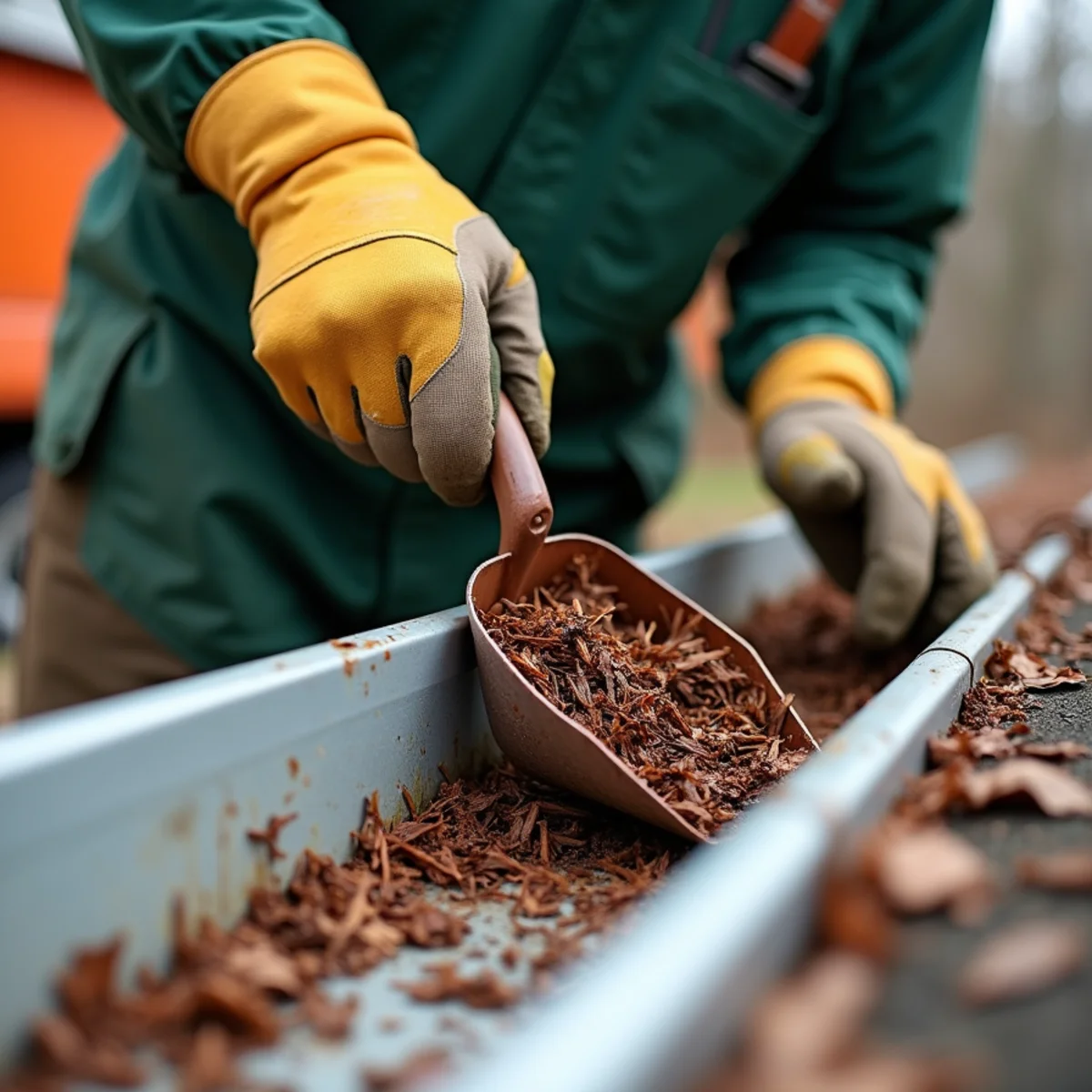 Gloved technician scooping decayed organic sludge from bottom of gutter trough