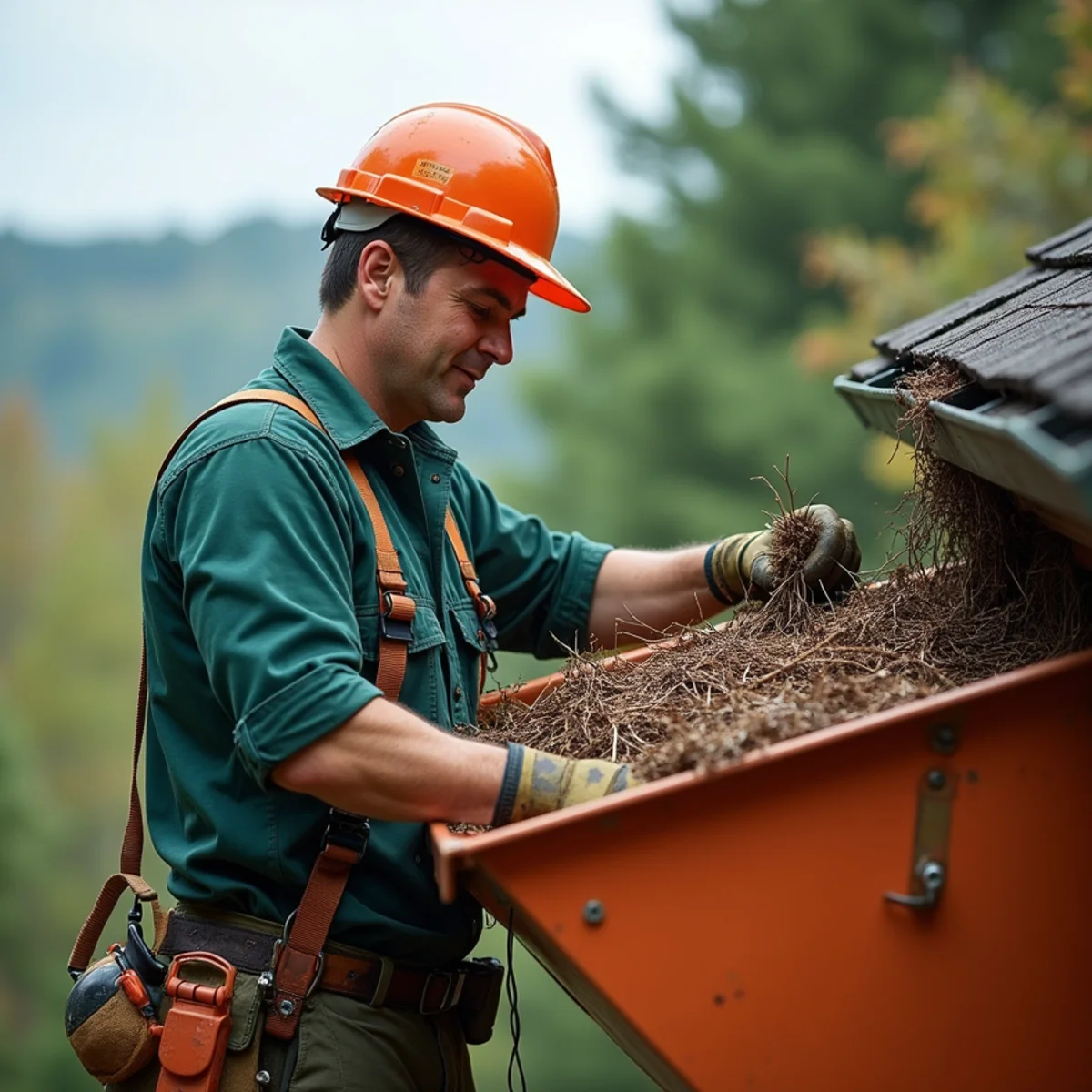 Professional gutter cleaning on a mountain home under heavy hardwood canopy in Elk Park, NC
