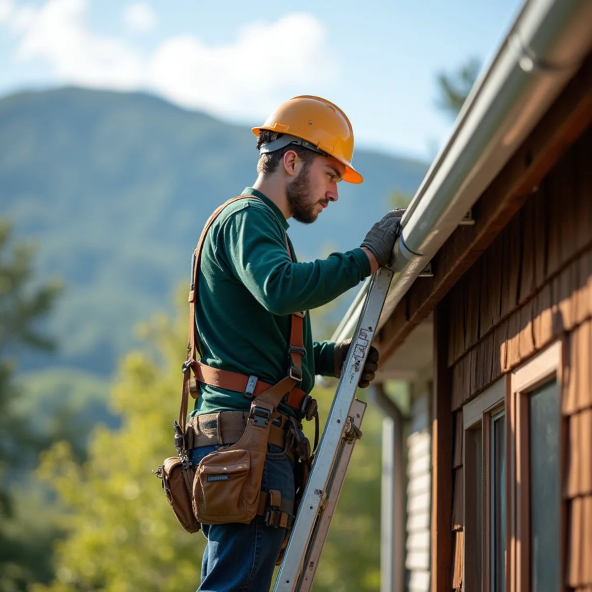 Technician fitting heavy 6-inch gutter under metal roof drip edge on steep chalet
