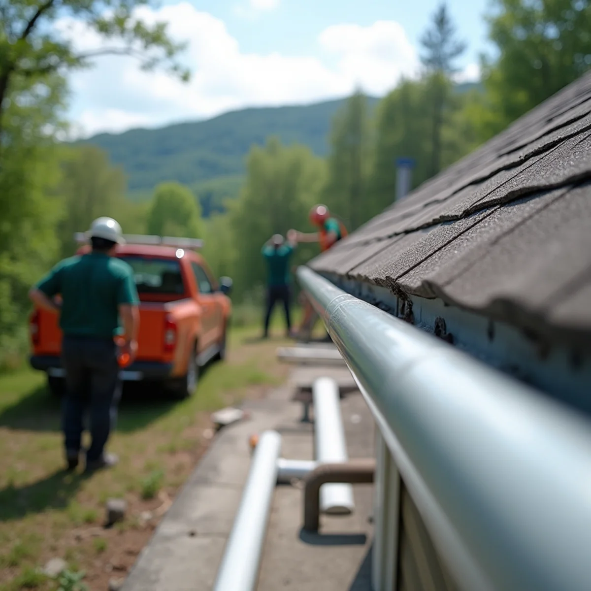 Freshly installed continuous white seamless gutter secured along clean fascia trim