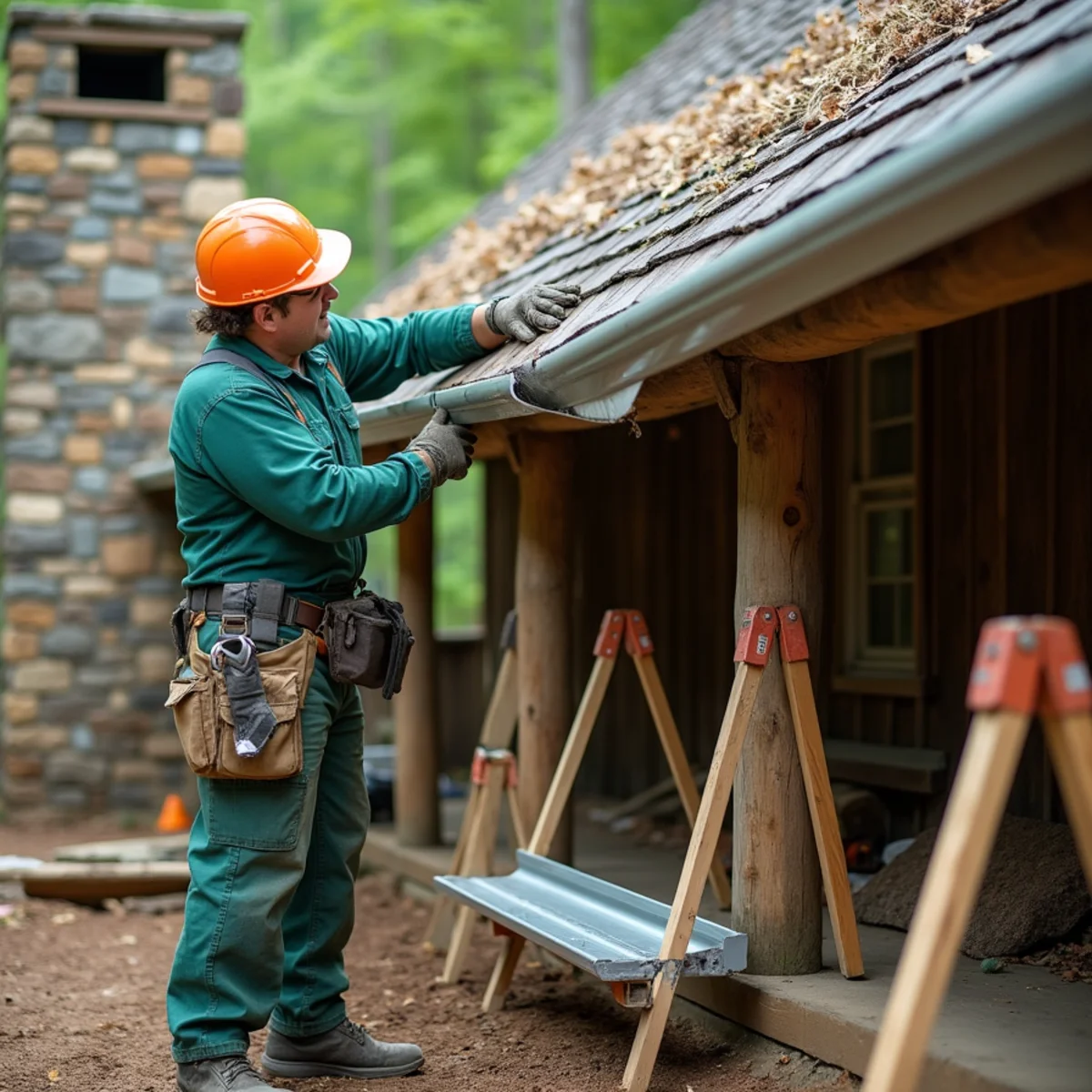 Replacing bent and sagging gutters with new seamless aluminum system in Elk Park, NC