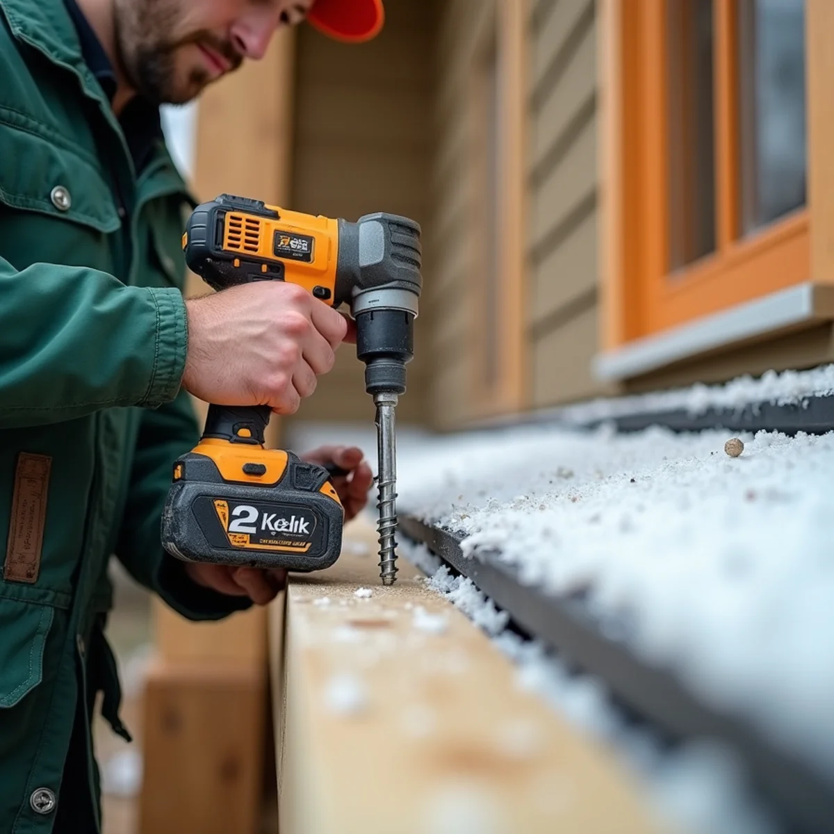 Technician fastening heavy-duty hidden hanger with cordless driver into eave fascia