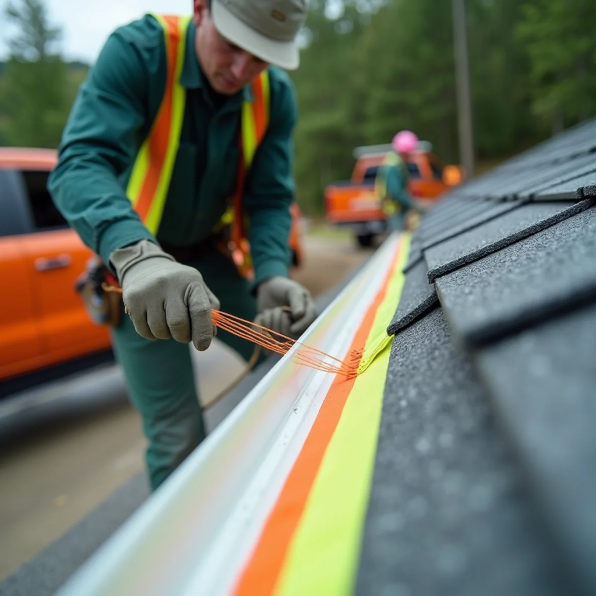 String line guide showing corrected drainage slope on re-hung gutter run