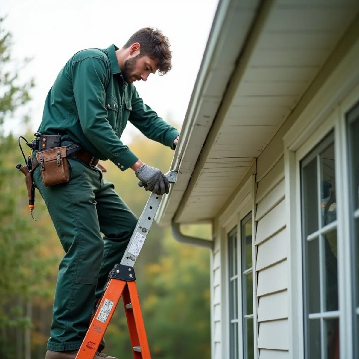Realigning and re-pitching sagging gutters on a mountain residence in Elk Park, NC