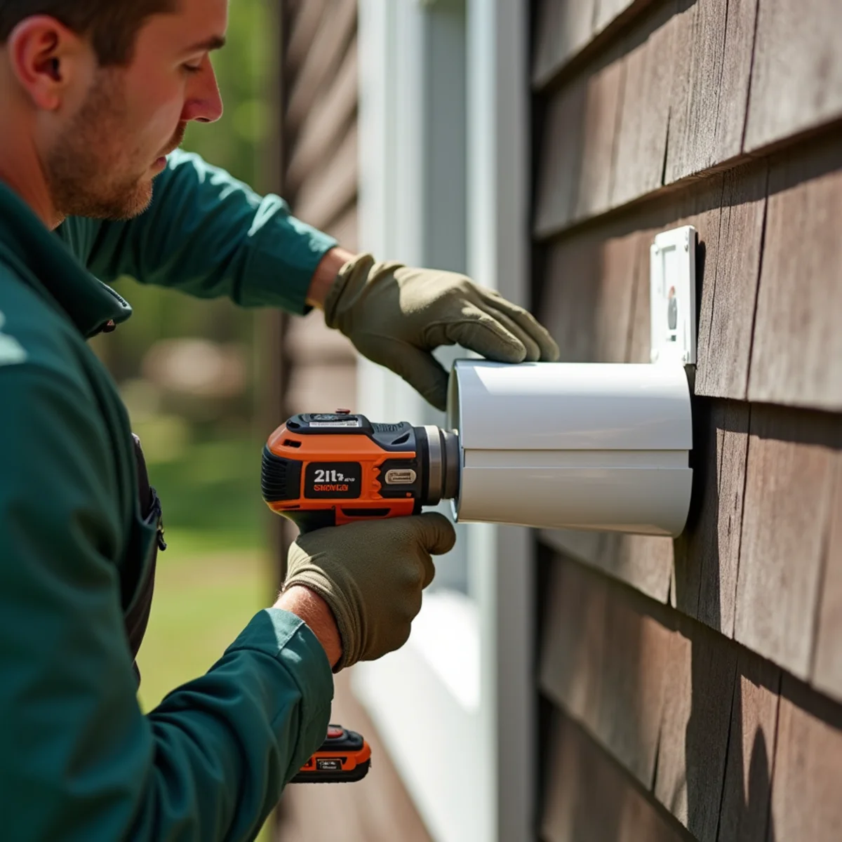 Technician securing oversized 3x4-inch downspout elbow with matching fasteners