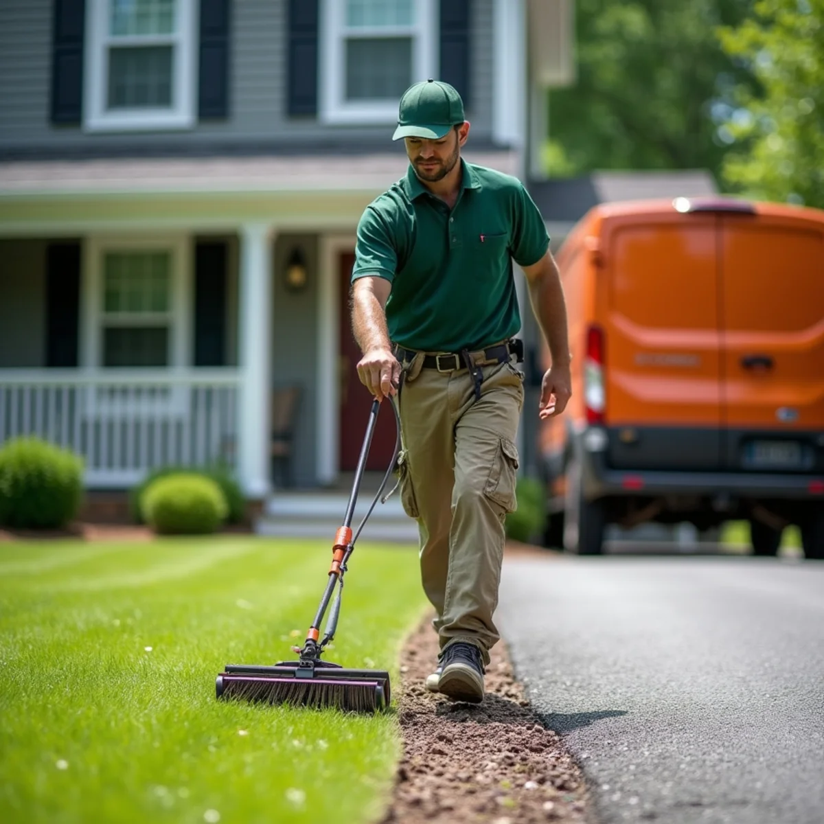 Technician rolling magnetic nail sweeper over lawn and driveway after gutter work