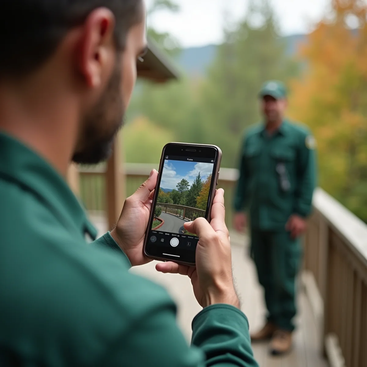 Contractor showing digital before-and-after gutter photos on smartphone to homeowner