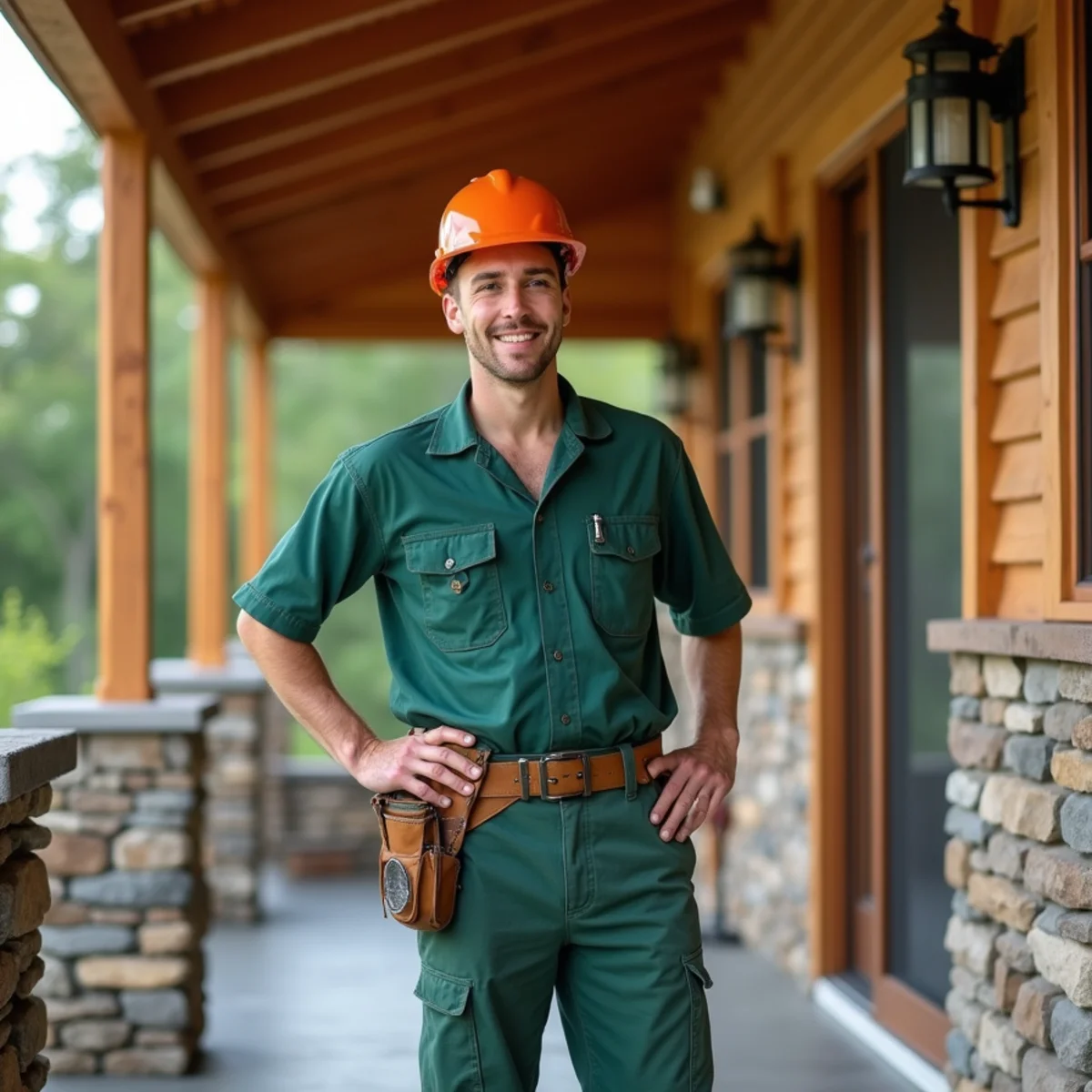 High Country homeowner smiling on stone front porch with pristine new gutters visible