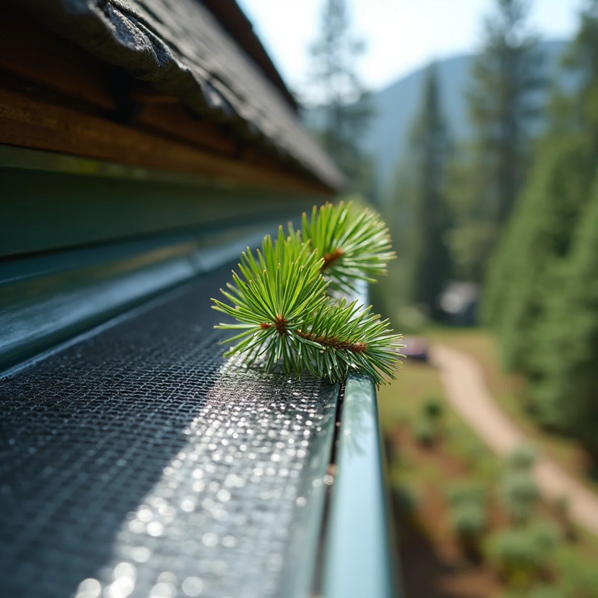 Micro-mesh gutter guard shedding Fraser fir needles on an Avery County farmstead