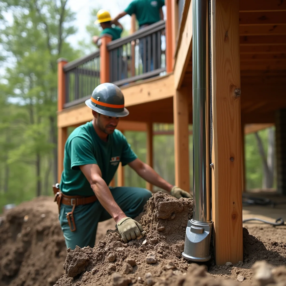 Downspout drainage routed cleanly beneath second-story deck on Banner Elk rental