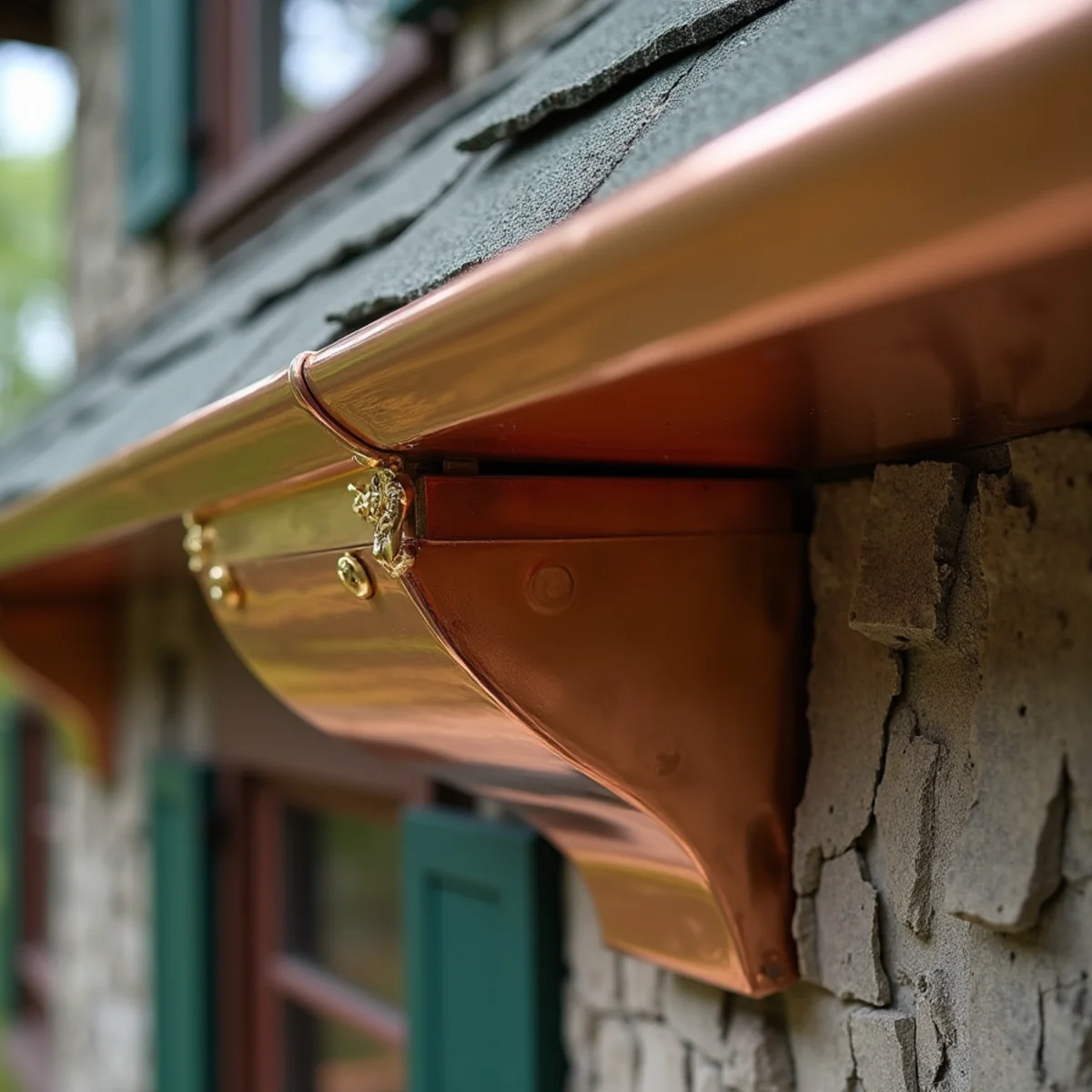 Detail of half-round copper gutter and ornate brass bracket on Blowing Rock residence