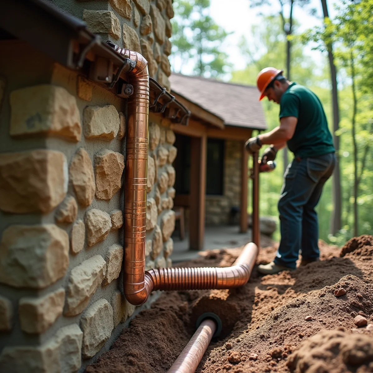Round corrugated copper downspout routed cleanly down stone chimney corner in Blowing Rock