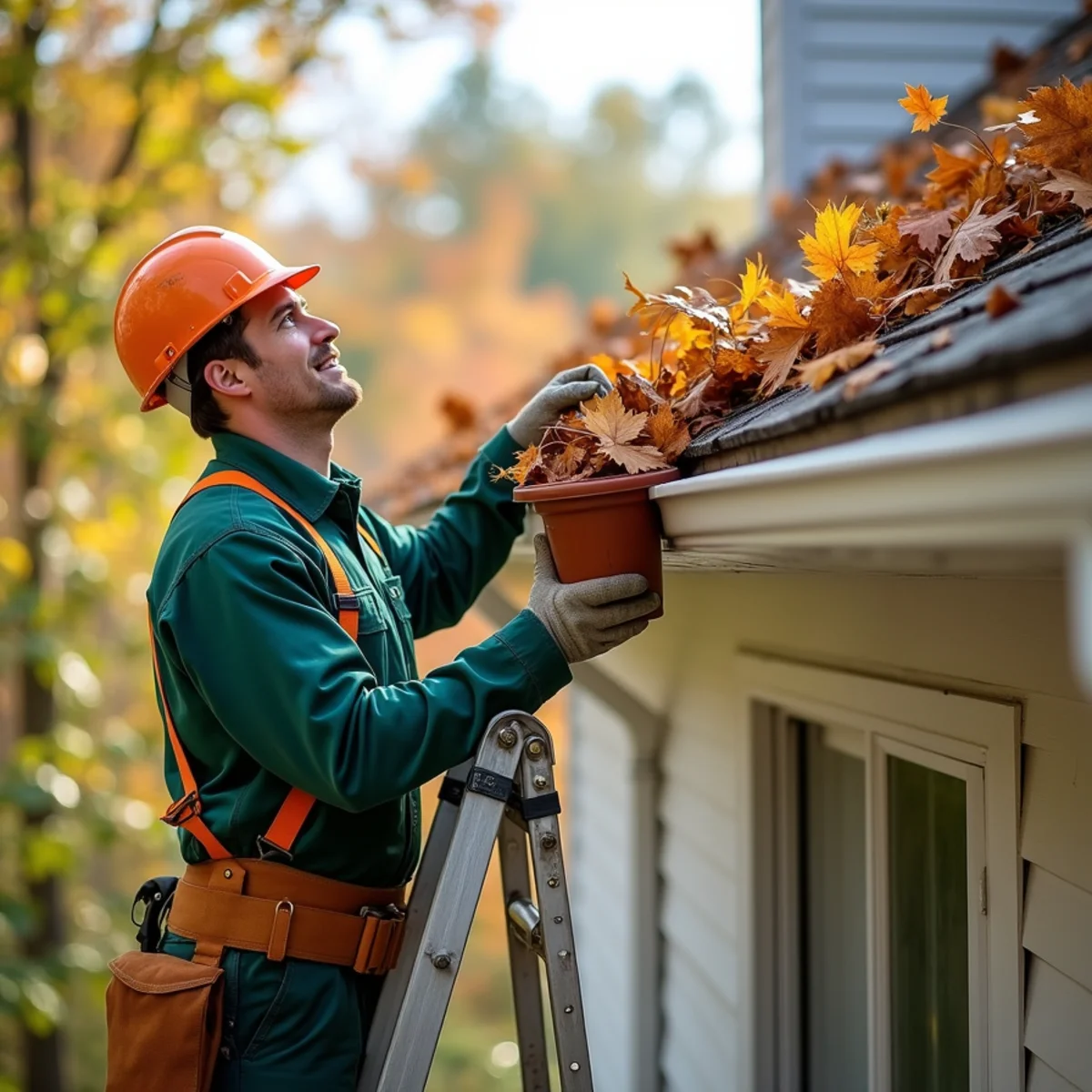 Technician servicing upper-story gutters on multi-family rental house in Boone