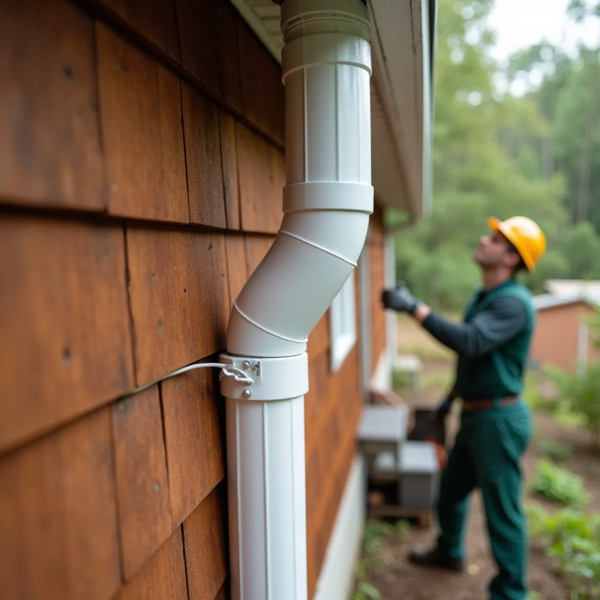 Oversized 3x4-inch white downspouts installed on traditional gabled home in Vilas
