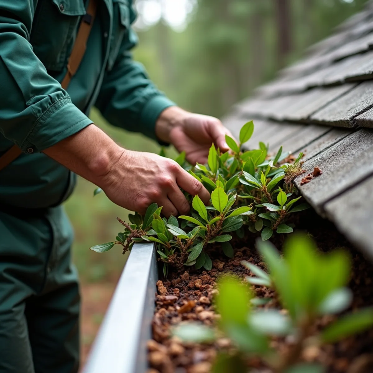 Thick rhododendron and oak leaves being cleared from mountain cabin gutter in Foscoe