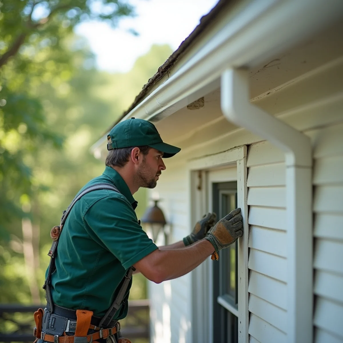 Technician replacing aged fascia trim on historic residential home in Spruce Pine