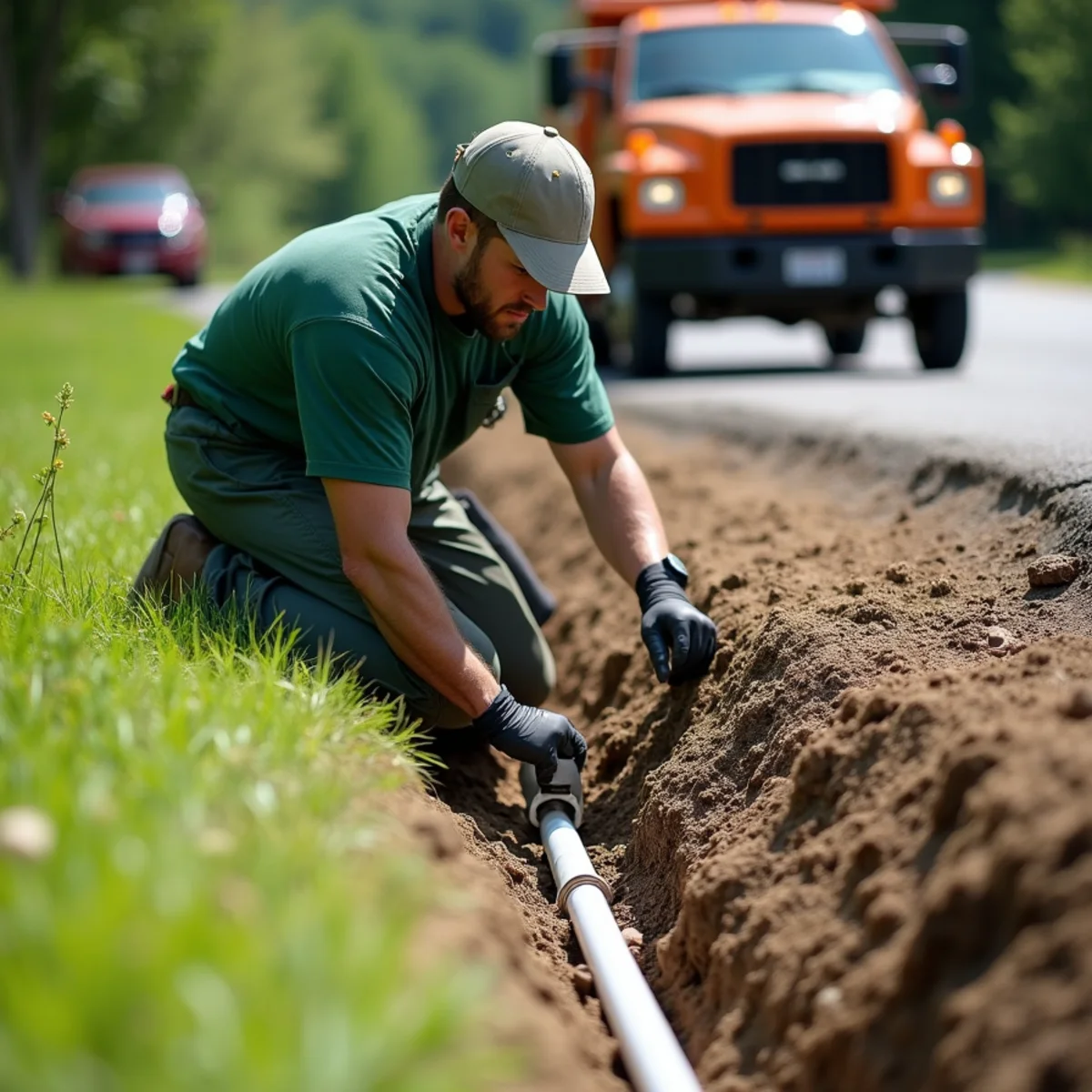 Underground PVC drainage line directing downspout flow away from low-lying valley lawn