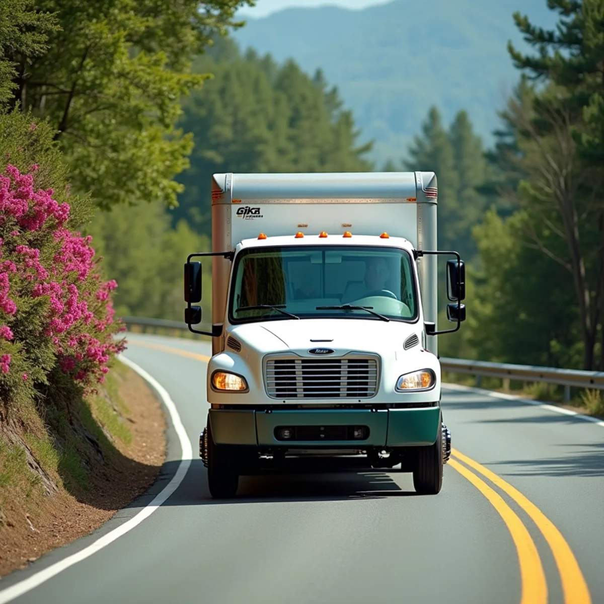 W.P.E.S. LLC service truck driving along scenic winding NC mountain highway