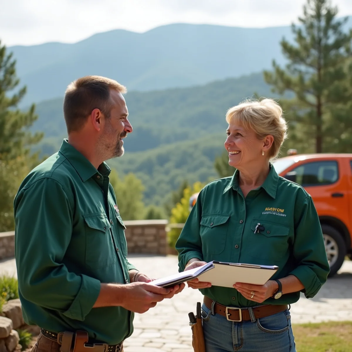 Contractor consulting with mountain homeowner on stone deck overlooking valley